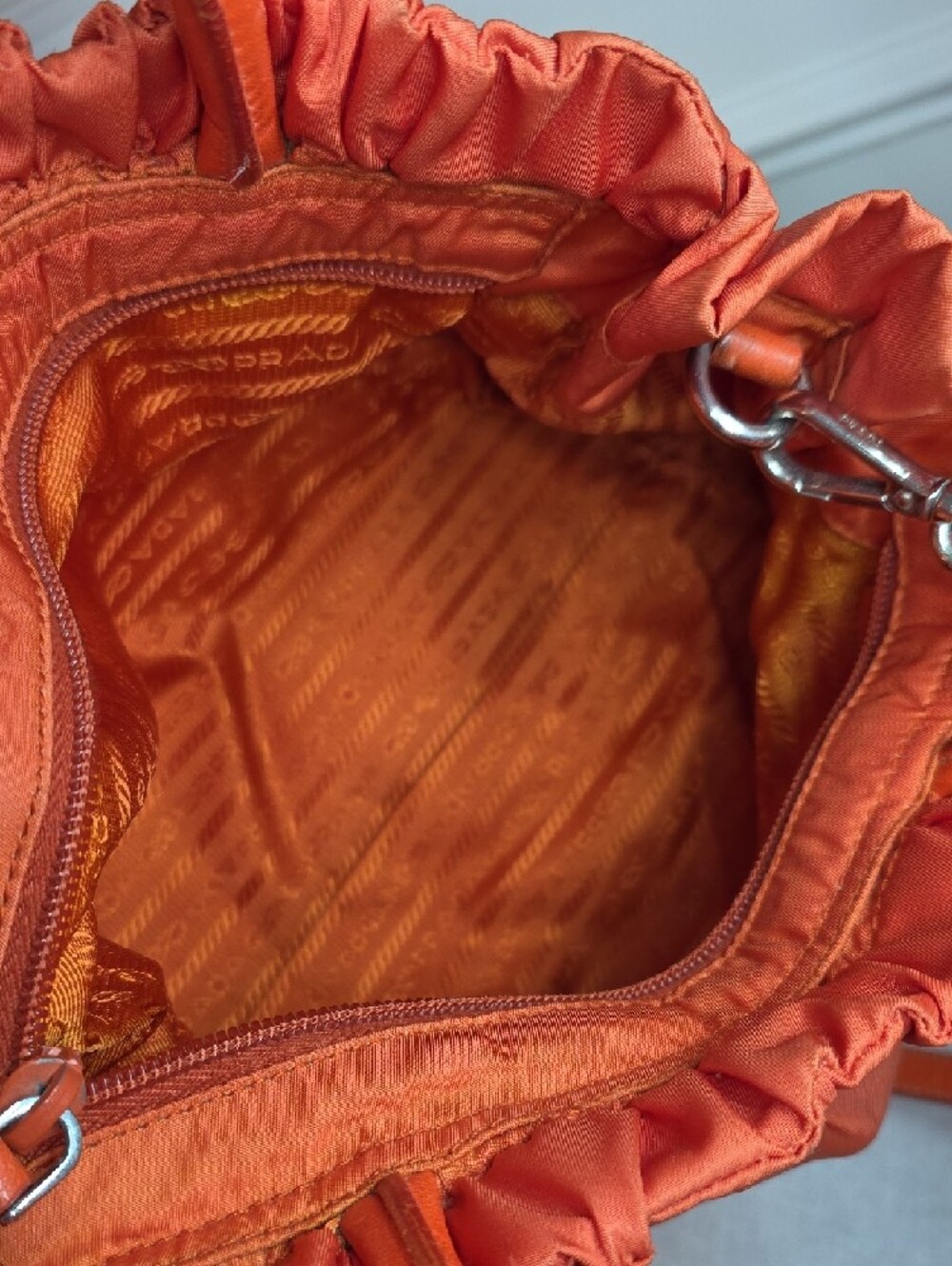 Prada Ruched Nylon Shoulder Bag in Papaya orange - Picture 7 of 12